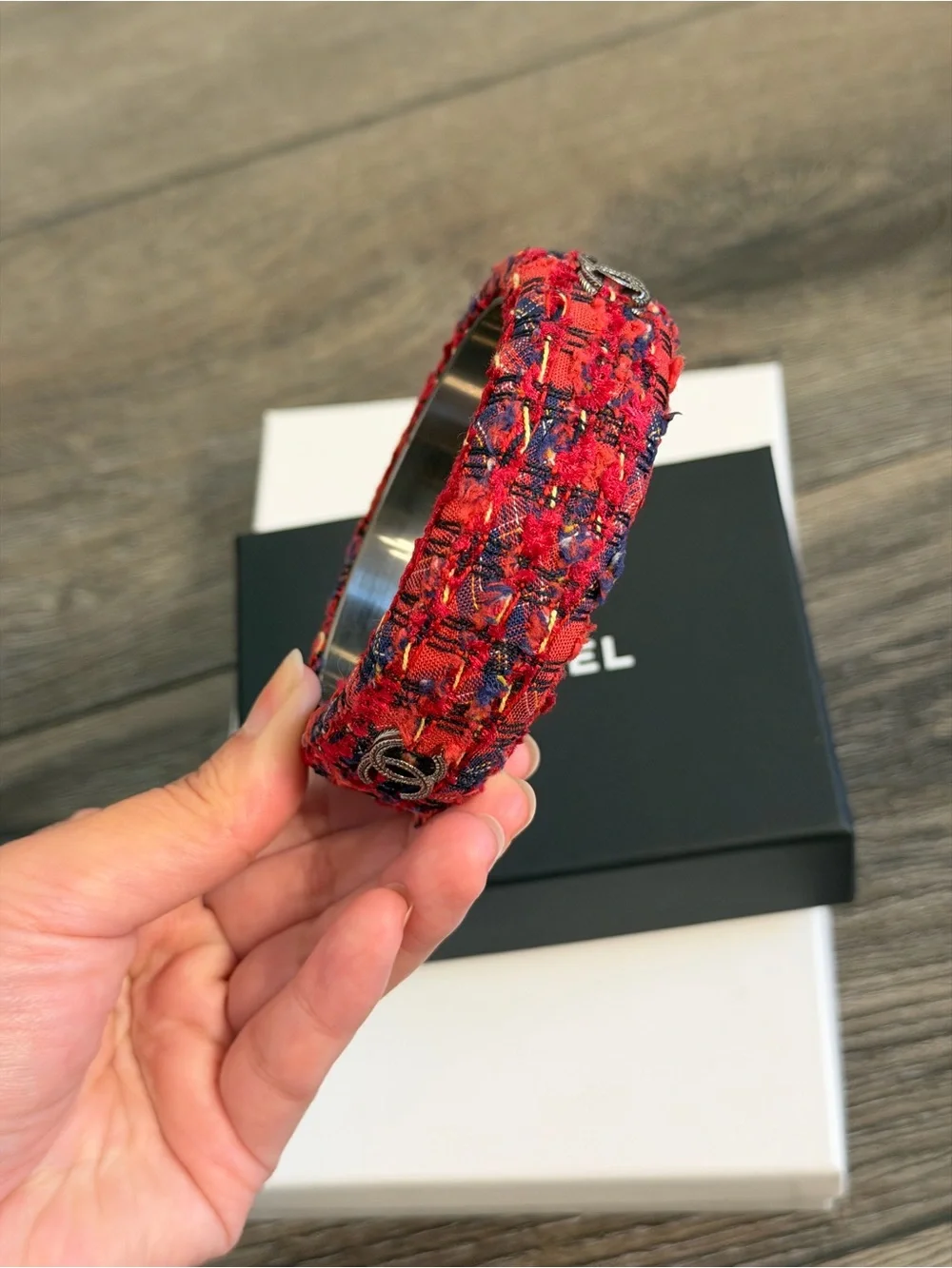 CHANEL Red Tweed CC Logo Bangle Bracelet